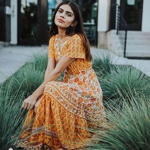 Yellow Floral Maxi Dress with Short Sleeves